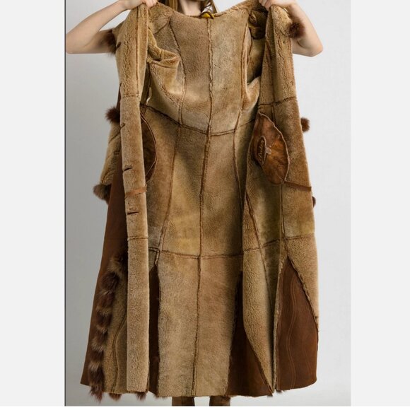 Genuine Suede Sheepskin Shearling Fur Coat Long Hood Vintage Penny Lane Princess - Picture 9 of 9